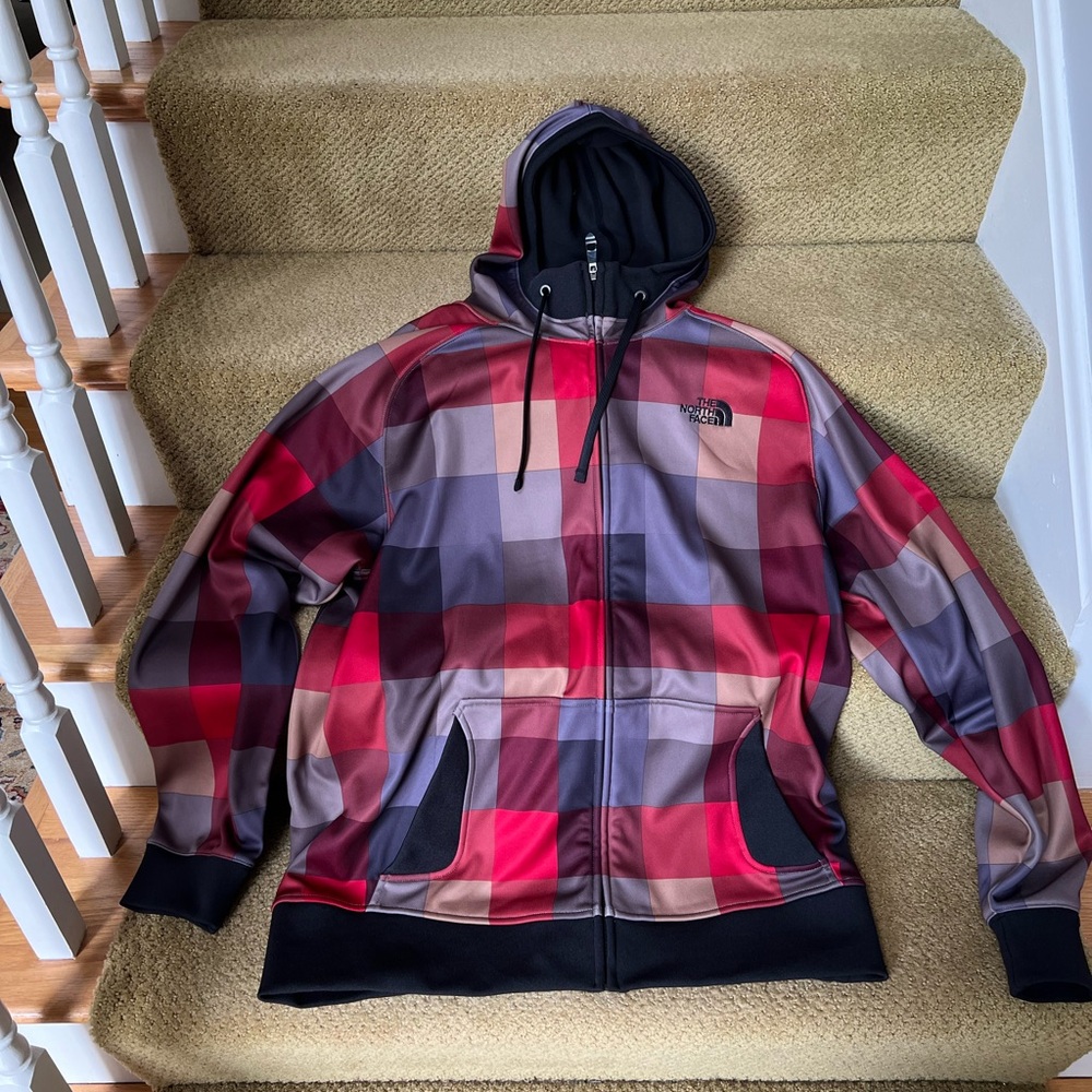 The North Face Large Plaid Hoodie With MUTED Black, Red, Mauve Colors Large.